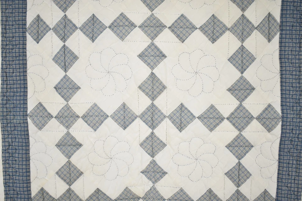 Well Quilted Vintage 40's Blue & White Nine Patch Antique Crib Quilt! - Image 2 of 4