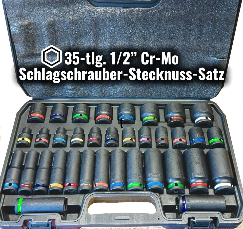 35-tlg. Schlagschrauber Steckschlüssel Set 1/2“ Nuss Farblich Lang Kurz SW 8-32 - Bild 2 von 4