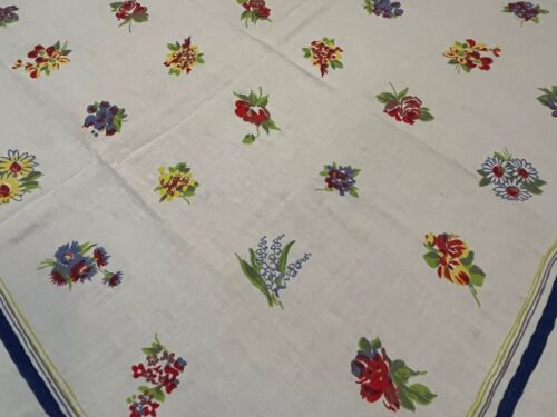 Vtg 50's Cotton Linen Tablecloth w/ Bouquet Garden Flowers - Picture 1 of 2