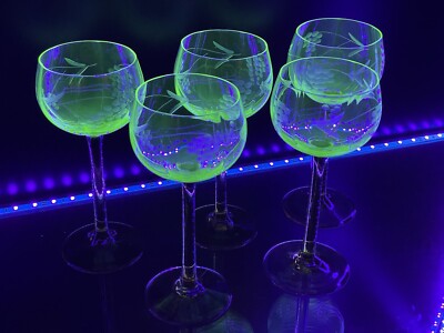Vintage Depression Wine Glasses Uranium-glass Rummer Amber Stem Set of 5  Rare | eBay