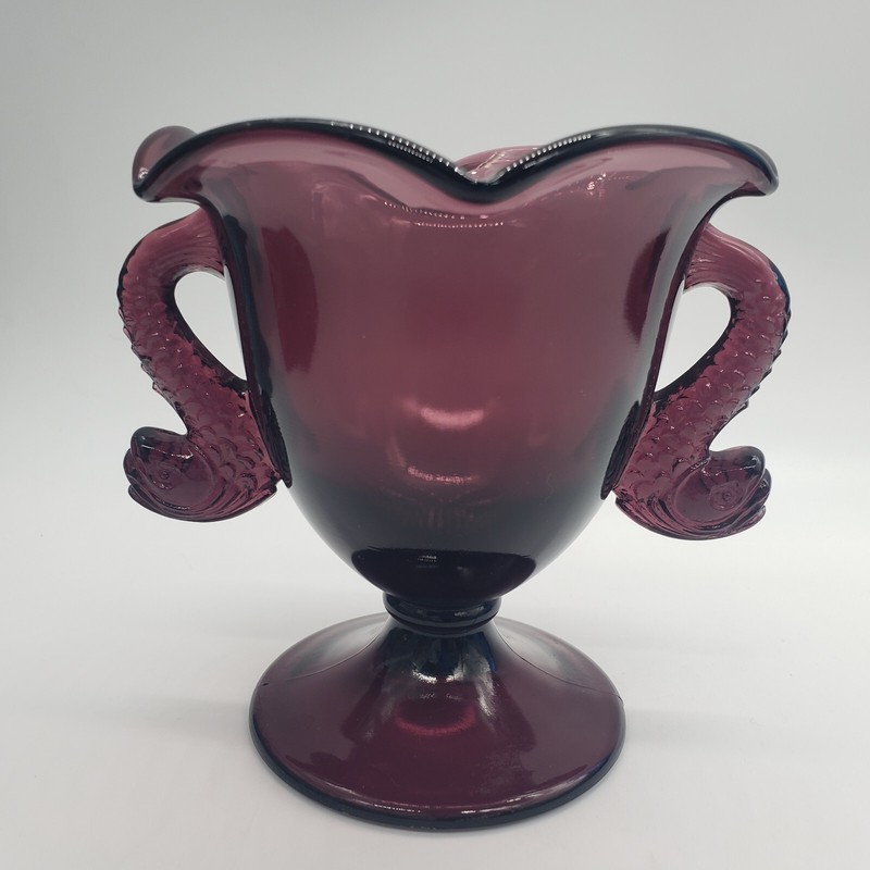 Fenton Black Amethyst Aubergine Ruffled Top Dual Fish Handle Compote Bowl Purple