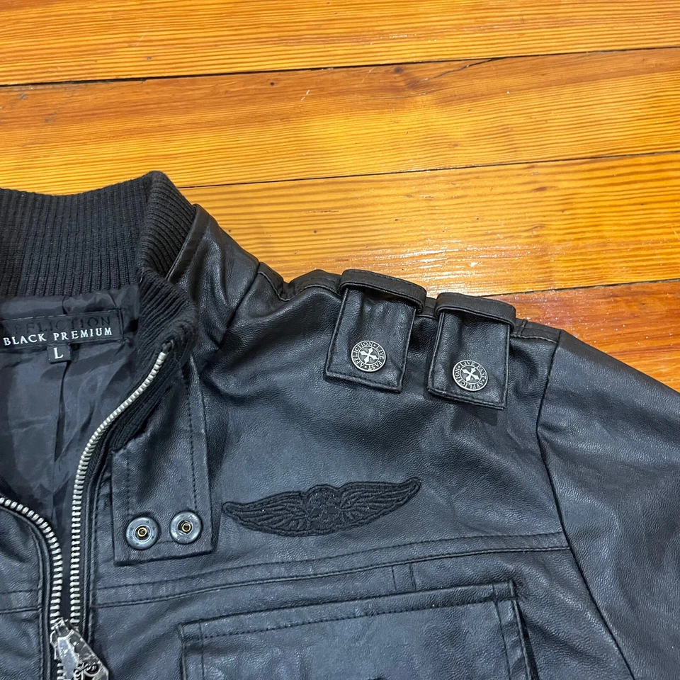 Affliction Black Premium Faux Leather Jacket Motorcycle Military Men's Size L - Image 4 of 4