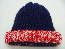 RED WHITE AND BLUE - HAND KNITTED - INFANT SIZE STOCKING CAP BEANIE HAT 