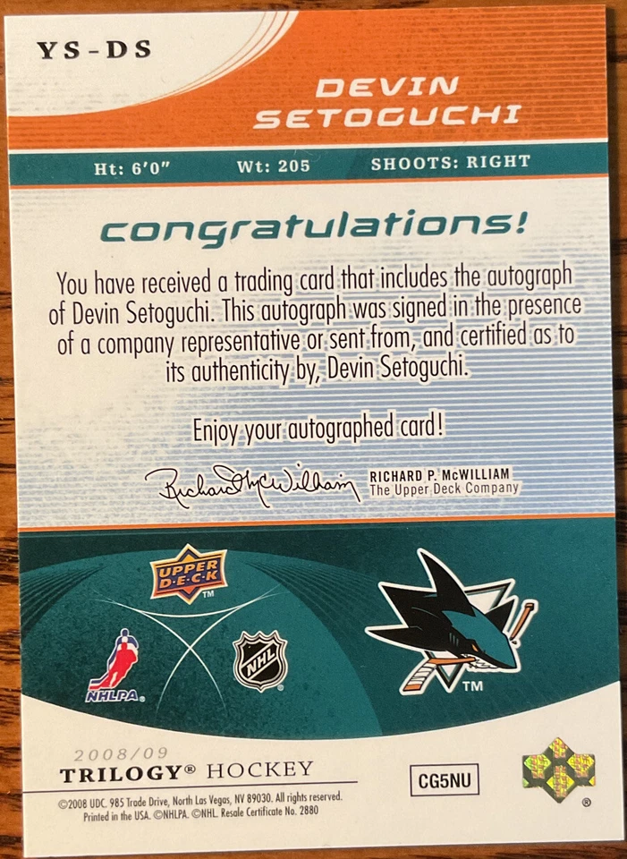 2008-09 Upper Deck Trilogy Young Star Scripts Devin Setoguchi #YS-DS - Image 2 of 2