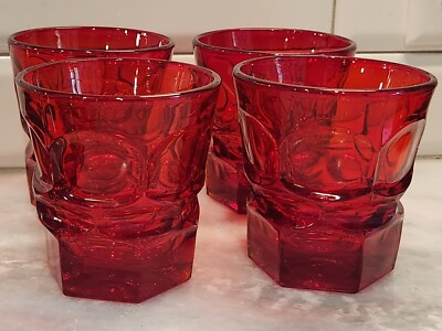 4 RUBY FOSTORIA HFM HENRY FORD MUSEUM 3 7/8'' TALL GLASS ARGUS PATTERN GLASSES