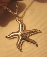 Handsome Shiny Textured Silvertone Star Starfish Pendant Necklace