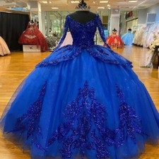 Royal Blue Long Sleeves Ball Quinceanera Dresses Party Glitter Gowns Sweet 16