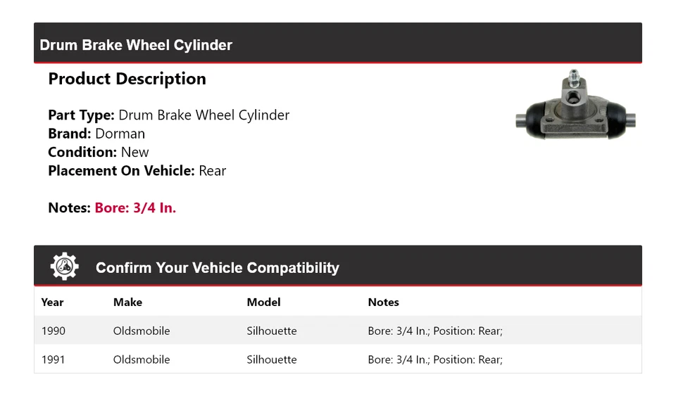 Para 1990-1991 Oldsmobile Silhouette Dorman cilindro de roda de freio a tambor traseiro - Imagem 2 de 3