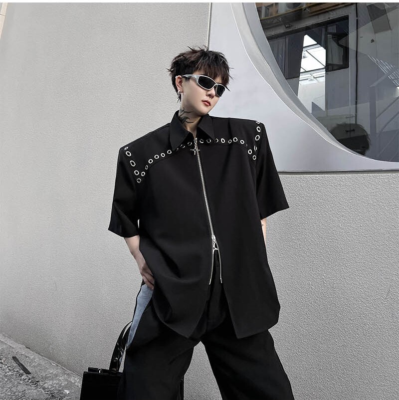 Korean Men's Fashion Youth short-sleeved Loose Casual zipper Shirt