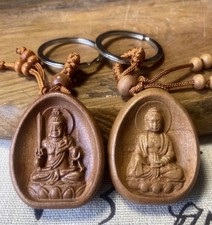 Fudo Myoo & Amida Buddha Wood Carving Pendant Set 4cm Peach Wood japanese