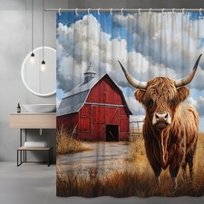 Highland Cow Shower Curtain with Barn and Clouds