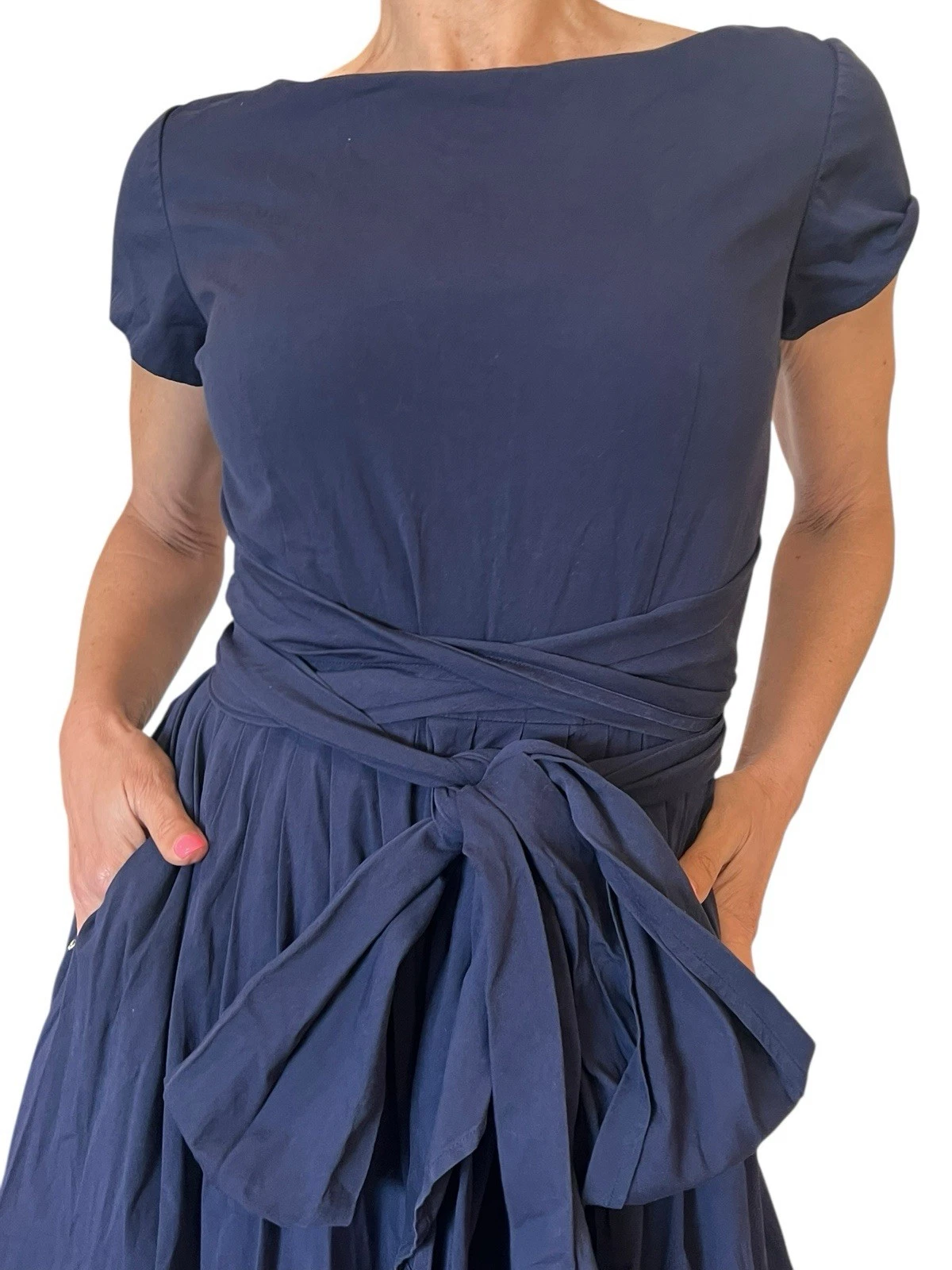 ABITO BLU NAVY COLLEZIONE MICHAEL KORS COTONE FIOCCO FASCIA MIDI BATEAU COLLO CAPPUCCIO MANICA 2