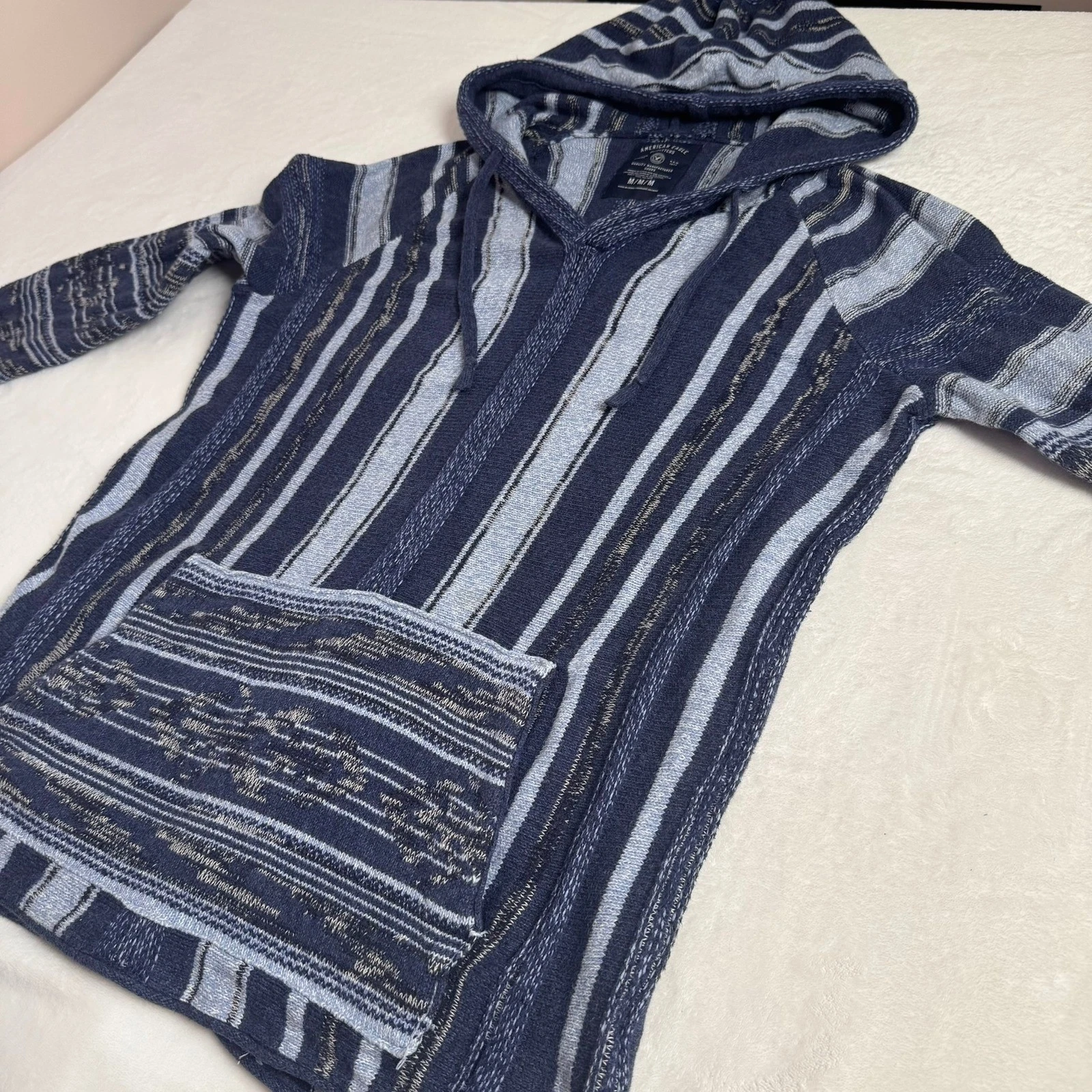 American Eagle Mens Blue Striped Baja Hoodie Knit Cotton Sweater Size M YEAR2014 image 1