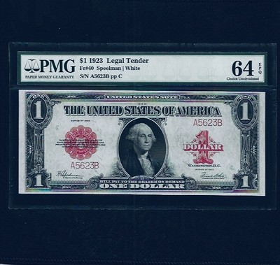 1923 $ 1 STATES NOTE RED SEAL FR 40 Speelman - WHITE PMG 64 LOW S