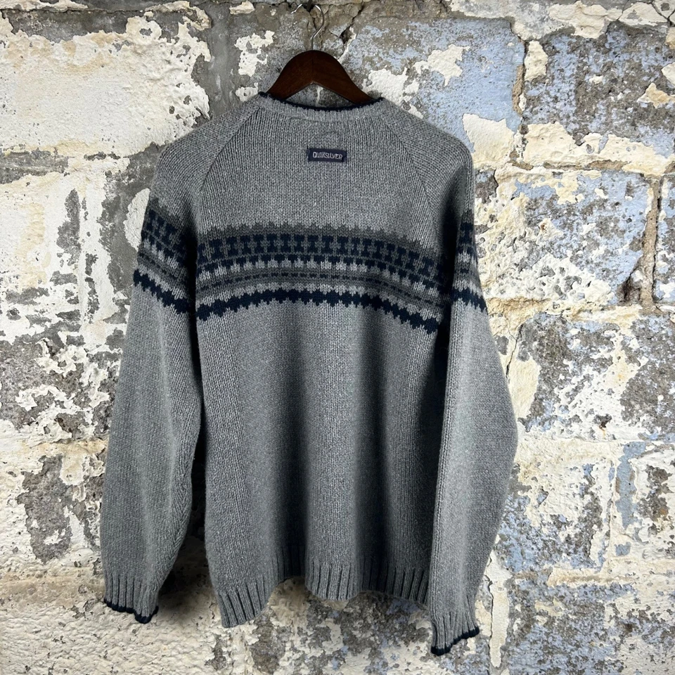 复古 Y2K Quiksilver 灰色 Fair Isle 圆领针织毛衣男式 XL — 第 2/4 张图片