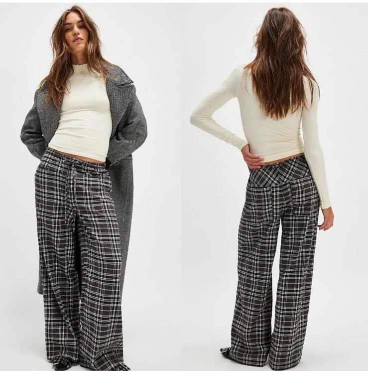 NWOT FREE PEOPLE Hudson Canyon Pants Plaid Wide Leg High Waisted Drawstring sz L