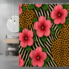 Pink Floral Shower Curtain with Leopard Print Background