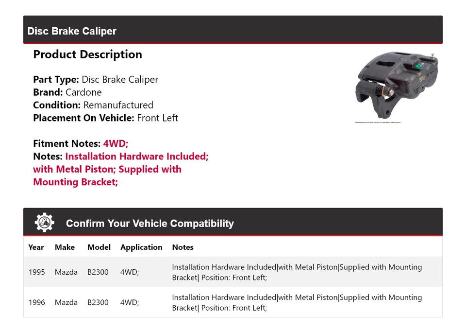 Pinza de freno de disco delantera izquierda cardone para Mazda B2300 1995-1996 4x4 Foto 2 de 4