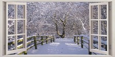 Winter Snow Trees Foot Pathway 3D Effect Window Canvas Picture Wall Art Prints 