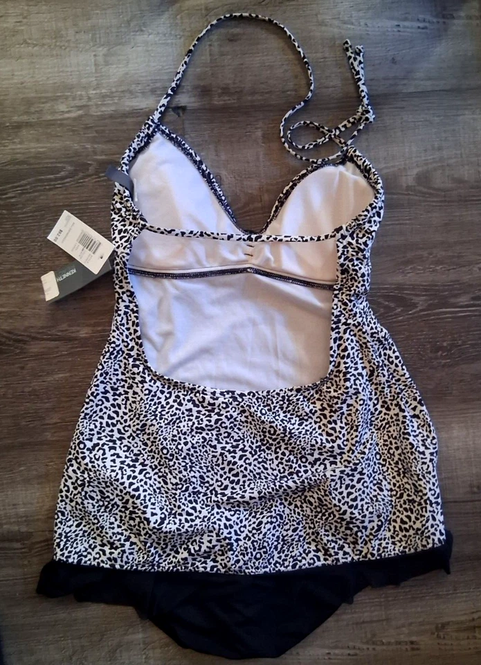 New Kenneth Cole Leopard print Swimsuit SWIMDRESS Large BLACK WHITE ANIMAL PRINT - Image 3 of 4