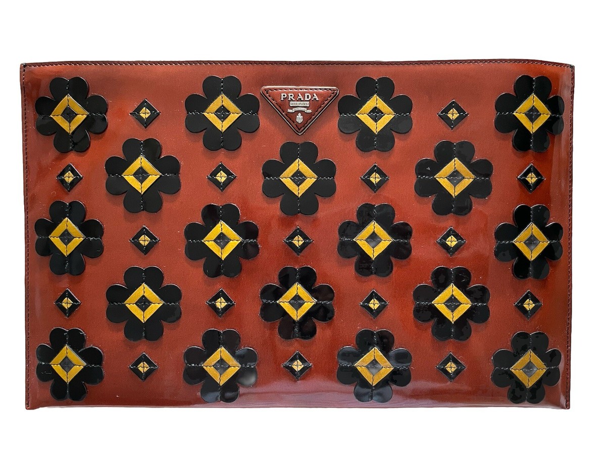 【PRADA】CLUTCH PRADA Brushed Leather Zip Clutch Bag w/Laser Cut Flowers