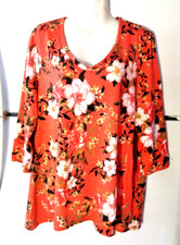 WOMEN'S CHICO'S ORANGE WITH FLORAL PRINT 3/4 SLEEVE TUNIC TOP SIZE 3 XL EUC