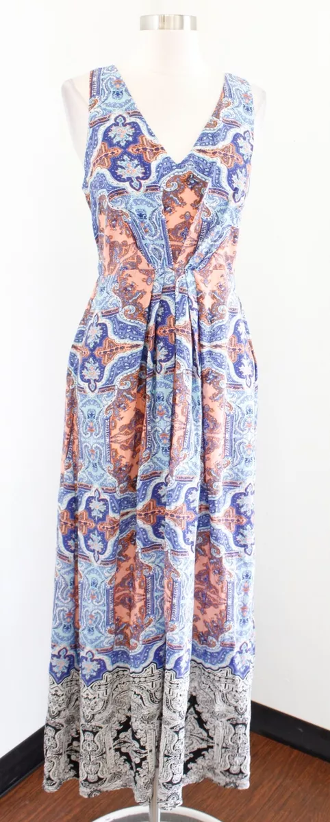 Maeve Anthropologie Blue Silk Paisley Medallion Print Maxi Dress