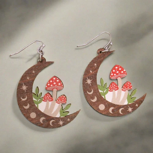 Natural Mystic Wood Mushroom Moon Earrings