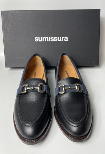 SUMISSURA Women Size 39 Unique Black Leather Blue Suede Slip On Horse Bit Loafer - Picture 13 of 14