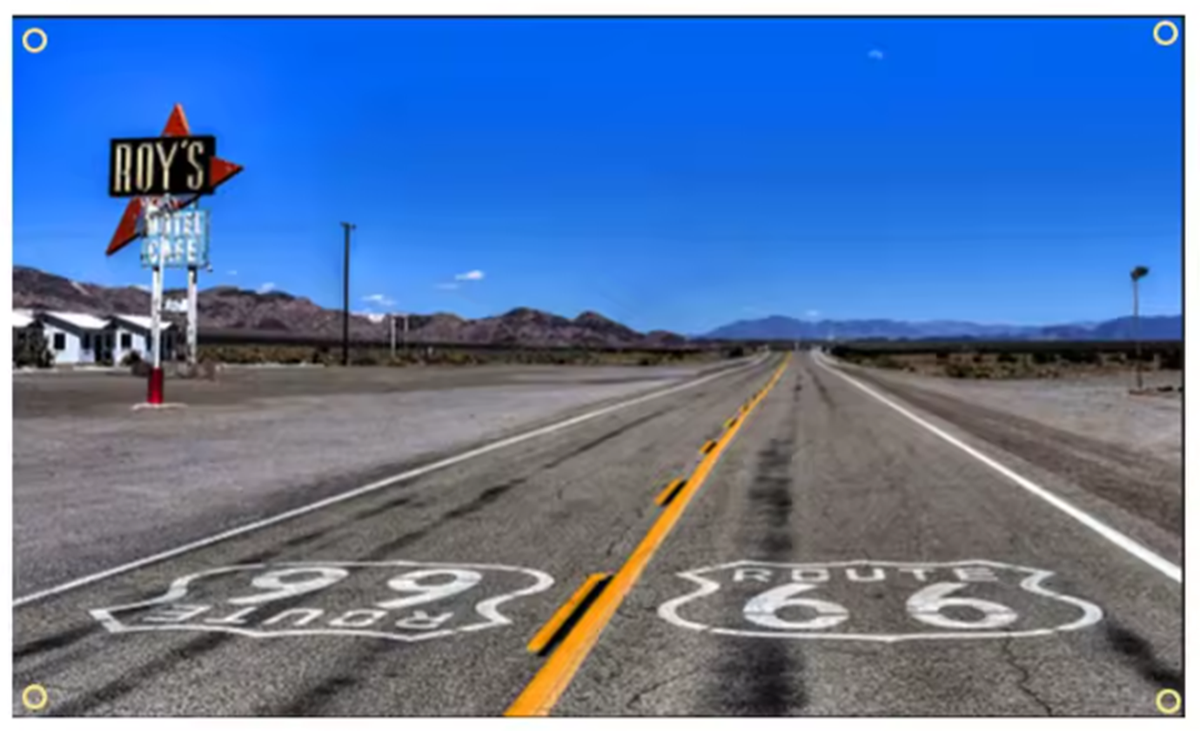 Route 66 Road Flag Americana Diner Sign Mountains Hills Land Scape