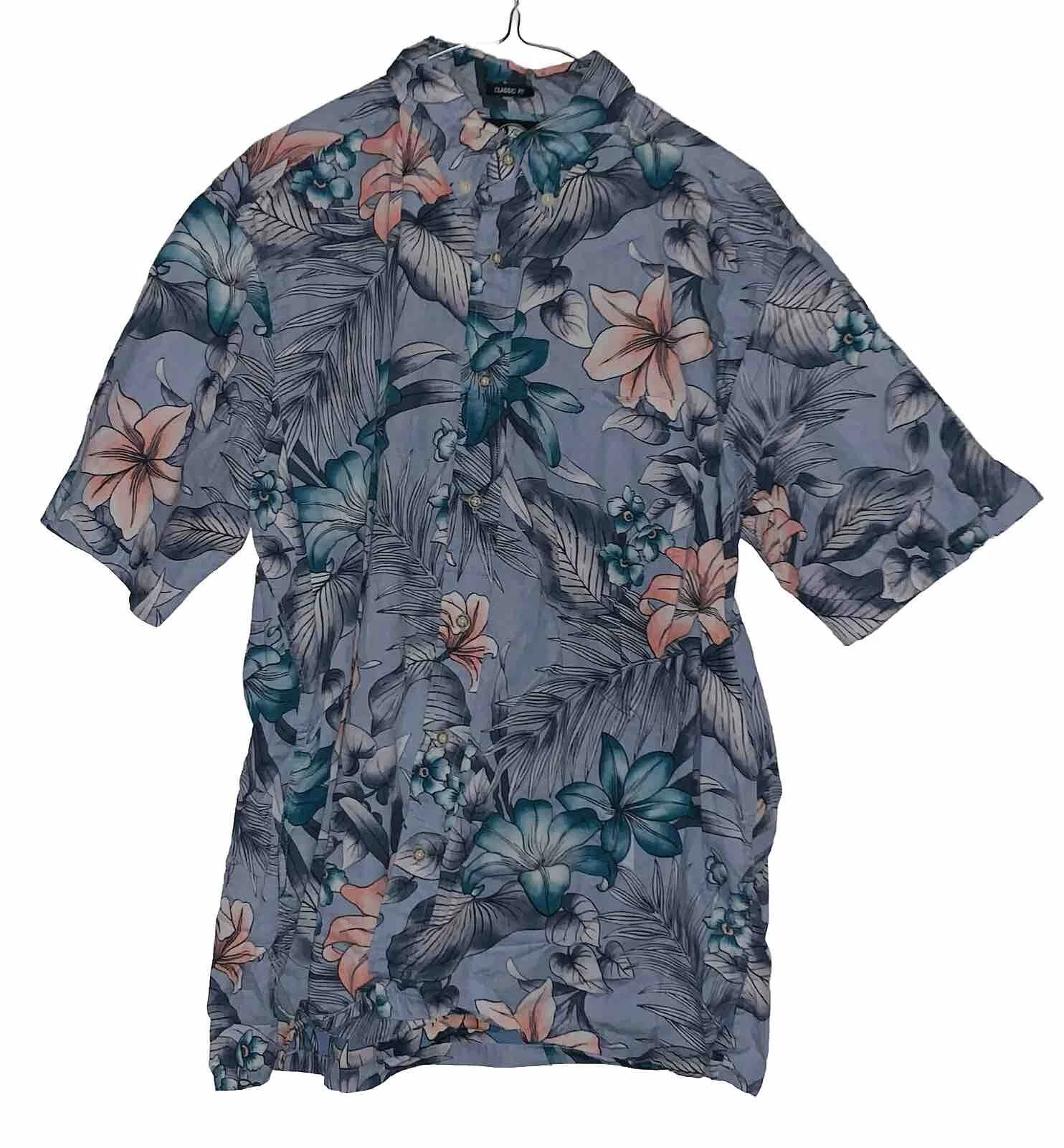 Reyn Spooner Short Sleeve Hawaiian Shirt Large Blue Floral Pattern Classic Fit