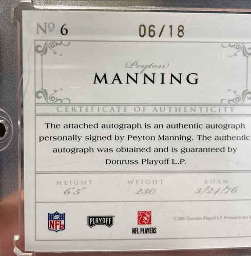 Peyton Manning 2007 Playoff National Treasures Gold Autograph # 6/18 Colts Pop-1 - Picture 13 of 14