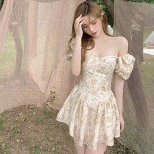 Mini Floral Dress Women KoreanRuffles Short Sleeve Resort Dresses Cute Chiffon