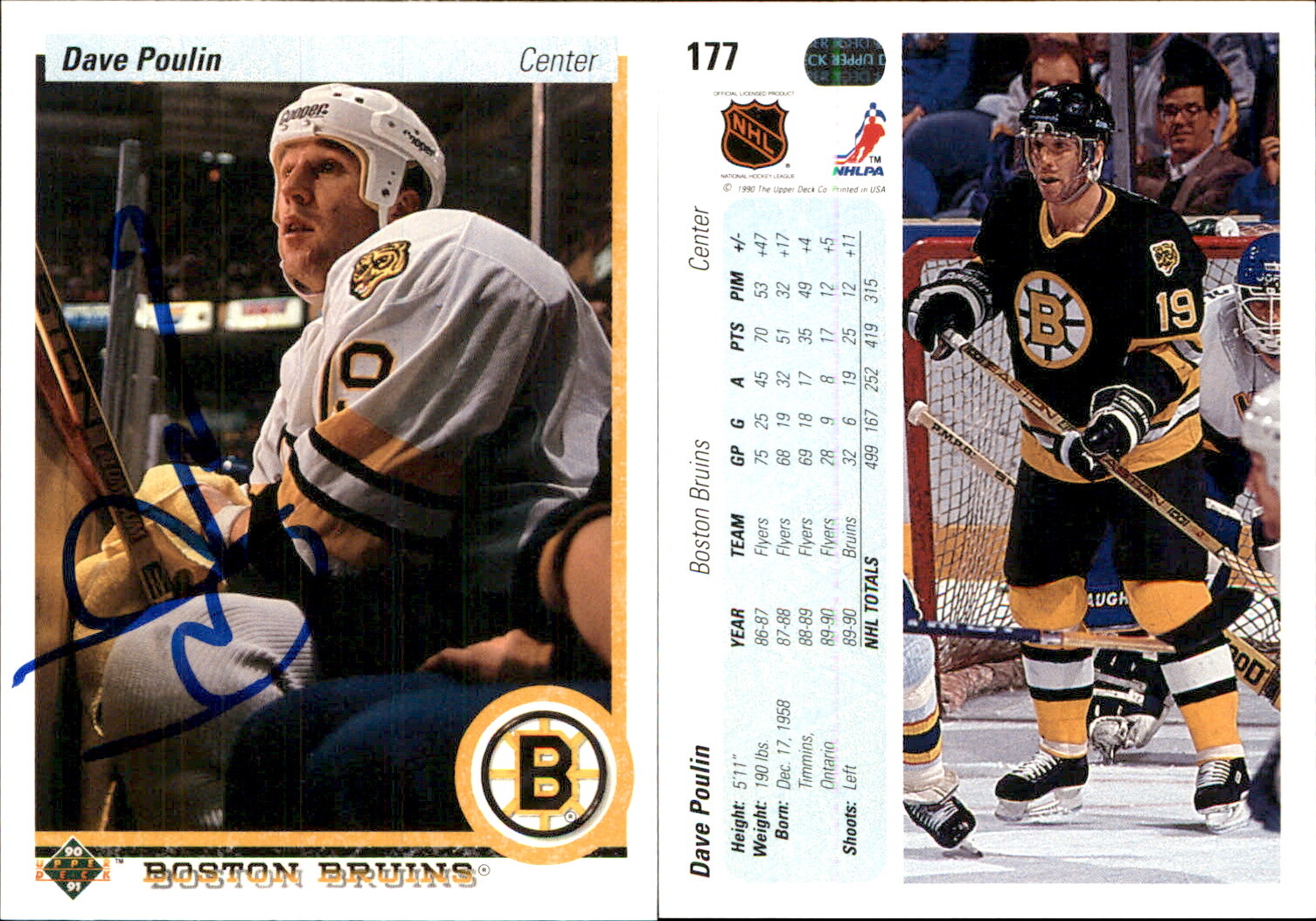 Dave Poulin Signed 1990-91 Upper Deck #177a Card Boston Bruins Auto AU