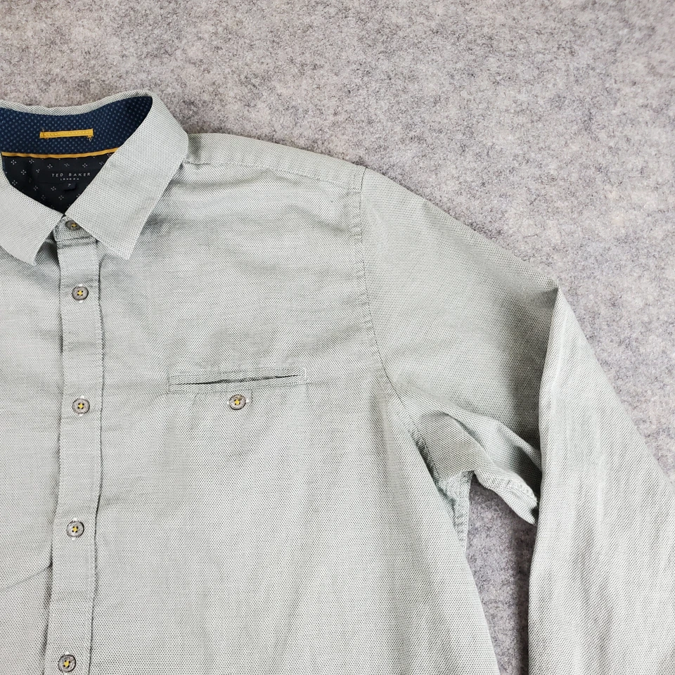 Camisa Ted Baker Abotonada Hombres Talla 7 Gris Cuello Manga Larga Bolsillo Informal Foto 3 de 4