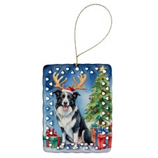 Border Collie Reindeer Dog Porcelain Ornament