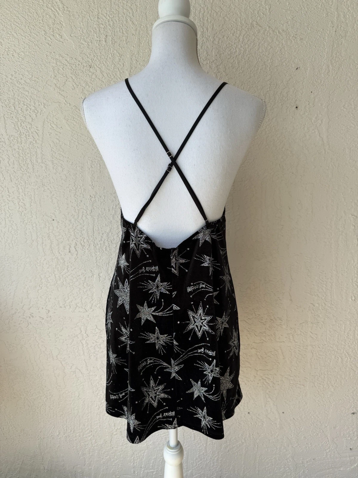 UNDERCOVER Abito sexy Victoria’s Secret NUOVO nero metallizzato stampa stella logo cami velluto M