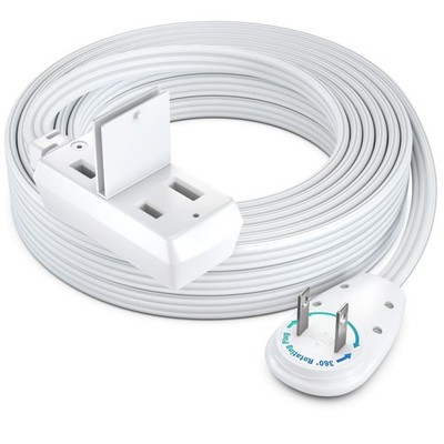 25 FT Extension Cord 2Prong Flat 360 Rotating Plug Ultra Long Reach White