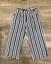 Zara Women's Blue White Black Pinstripe Wide-Leg Cropped Button Pants size L