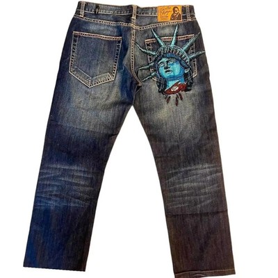 Womens Y2K Graphic Embroidered Jeans Statue Liberty Streetwear Baggy Denim