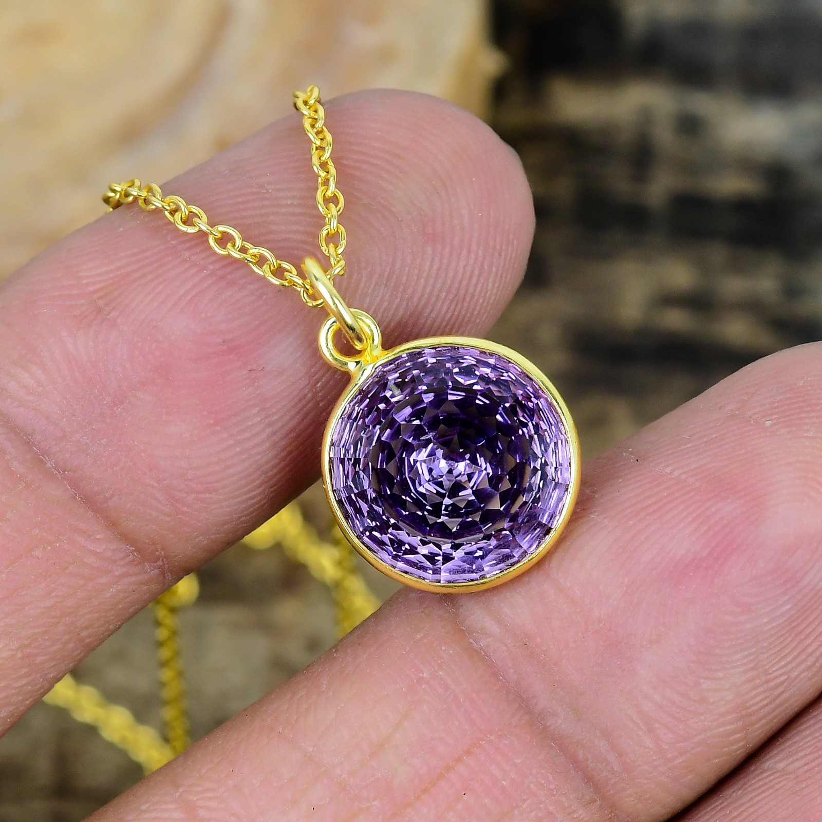 Natural Amethyst Pendant Necklace, Gold Round, February Birthstone Jewelry