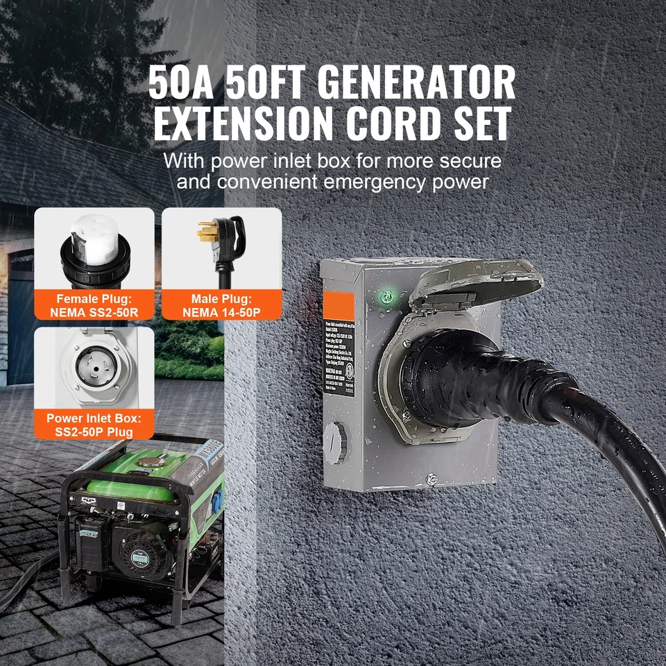 50FT 50 Amp Generator Cord and Power Inlet Box NEMA 14-50P/SS2-50R STW - Image 2 of 4