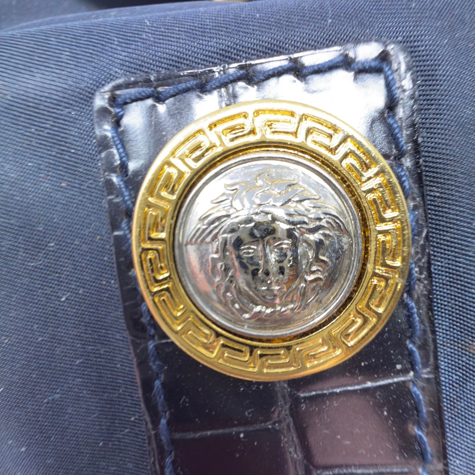 Vtg Gianni Versace Nylon & Croc Drawstring Mini Backpack Navy Medusa Greco Auth image 5