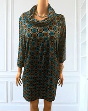 Vintage 90s Dress Blue Geo Print Shift Dress Grunge Boho Long Sleeve Cowl Neck M