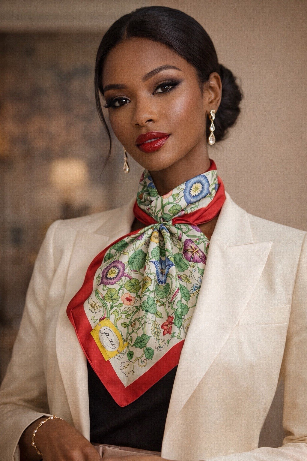 Vintage Gucci Silk Square Scarf Floral Multicolor Logo Accent for Women thumbnail 2