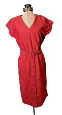 Vintage 1970s RED MICROSUEDE VELVET V neck belted shirt pencil dress KAY WINDSOR