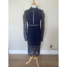 Bardot Alberta Navy Lace Long Sleeve Open Back Midi Sheath Dress US 6 Small