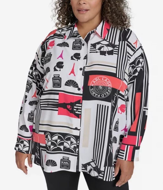 Karl Lagerfeld Paris Women's Printed Collared Button-Front Shirt Blouse