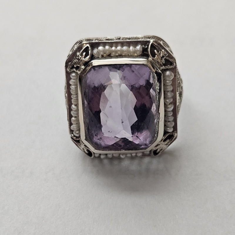 14K Amethyst & Seed Pearl Ring - C.1925 