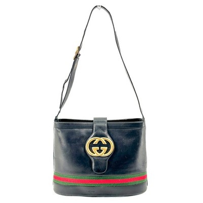 Gucci Black Leather Interlocking G Shoulder Bag Sherry Line Gold Vintage Auth